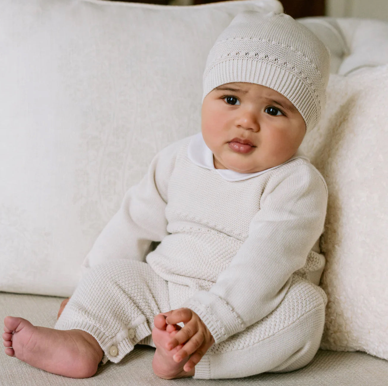 Emile Et Rose 2pc Beige Romper & Hat